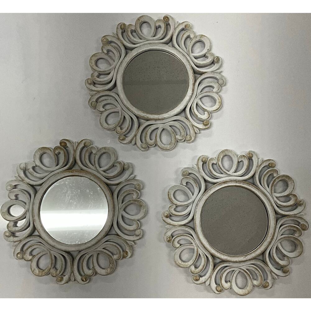 Set of 3 Decorative White/Gold Round Wall Mirrors 10X10 Lightweight